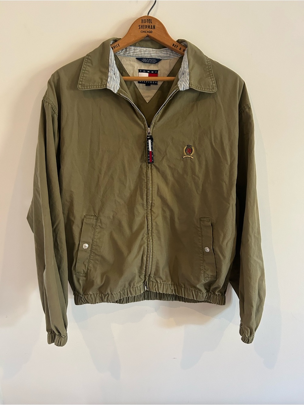 Vintage Tommy Hilfiger Mens Olive Green Zip Harrington Jacket Crest Logo